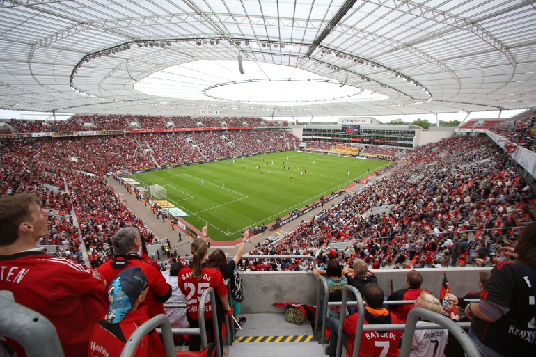 The stadium of Bayer Leverkusen on a game day.